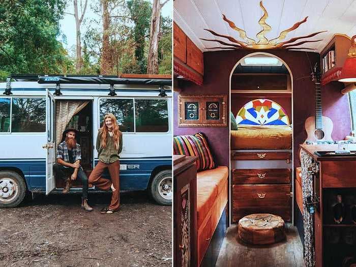 A couple lives in a 115-square-foot bus with a faux stained-glass window and no bathroom