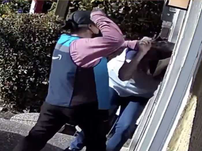 An Amazon delivery driver was caught on camera repeatedly punching an elderly woman during an argument in California