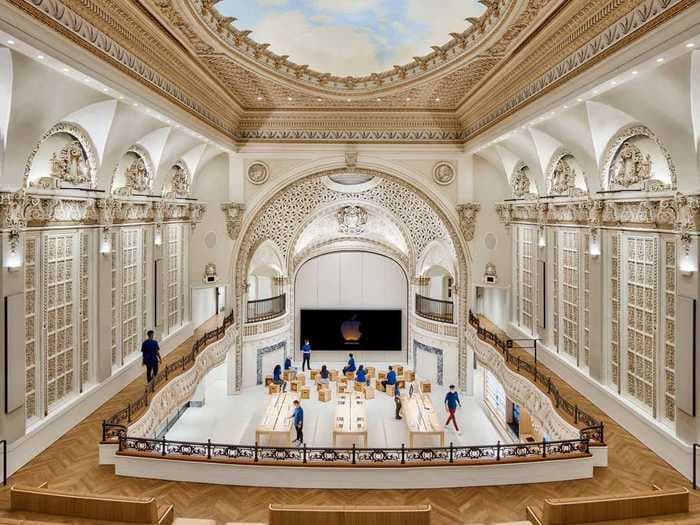 Apple opens its newest flagship store in an imposing 1920s theater in downtown LA, complete with balcony seating and marble columns - take a look inside