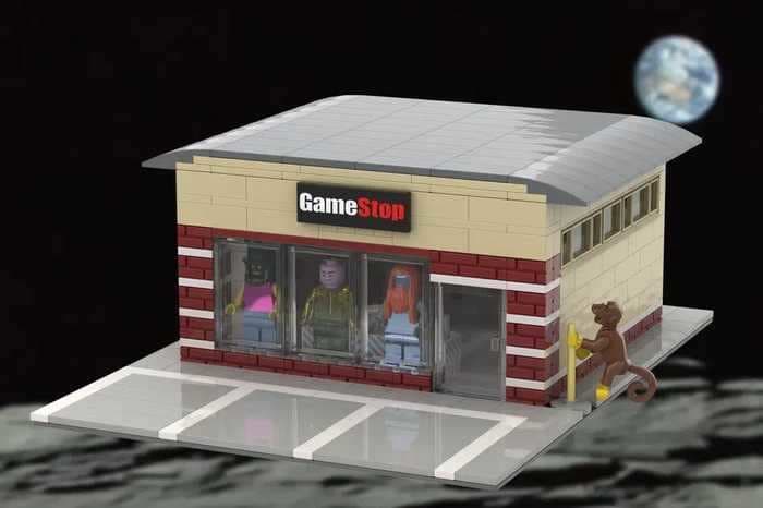 A Lego fan took their GameStop obsession 'to the moon' with a design rendering of a store riddled with meme references, and it could become a real product