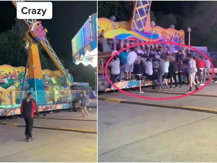 Videos show brave fairgoers rushing to stop a spinning carnival ride packed with riders from toppling over