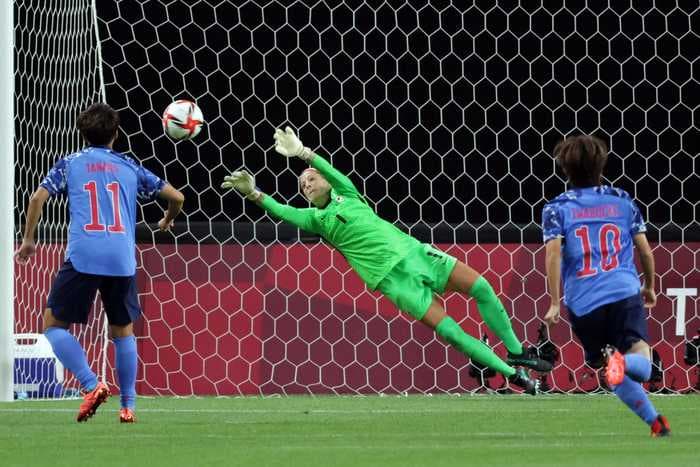 Canada's goalkeeper battled through tears and injury to make a heroic penalty-kick save against the Olympic hosts