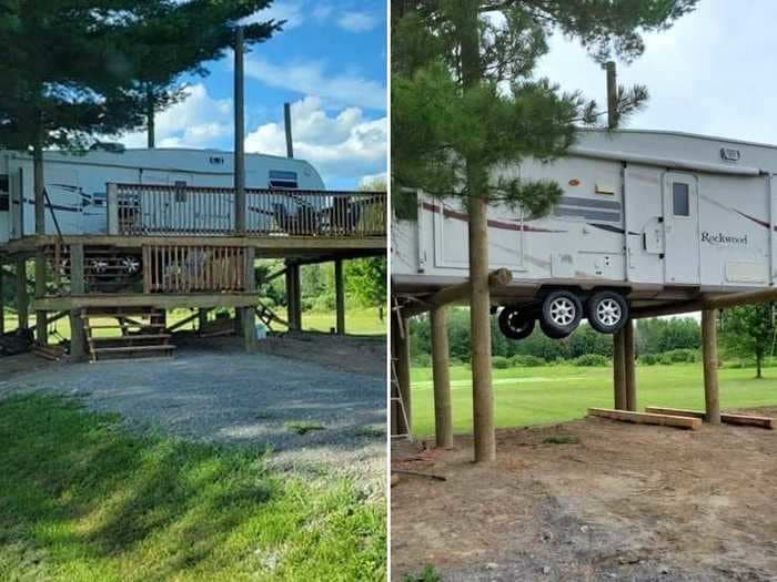 A couple created a treehouse RV by using a crane to lift their 7,000-pound trailer onto a platform 8 feet above the ground