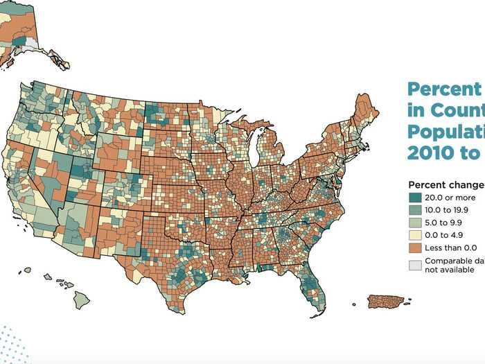 A striking US census map shows how much rural America has shrunk in the past decade