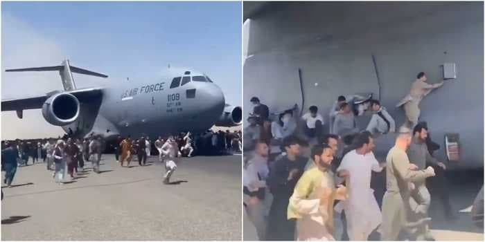 Video shows people latching on to a moving US Air Force plane at Kabul's airport as they desperately try to flee Afghanistan