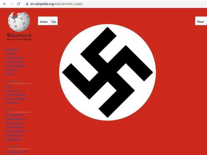 Pictures of Swastikas temporarily replaced Wikipedia pages for Jennifer Lopez, Ben Affleck