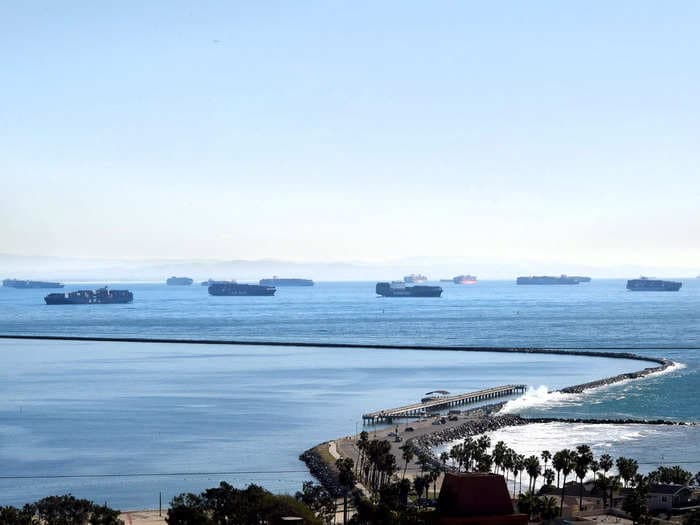 An all-time high of 56 cargo ships are stuck waiting off the California coast, as shipping ports hit their 4th record backup in three weeks