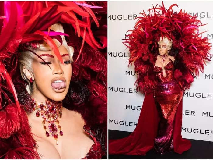 Cardi B wore dramatic red feathers, sequins, and sparkly eyebrows for her first public appearance since giving birth to her son