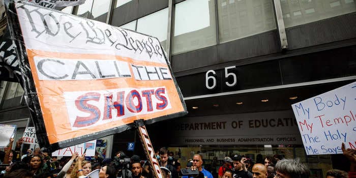 Anti-vaccine protesters knocked over a mobile COVID-19 testing site in Manhattan during a protest against NYC vaccine requirements