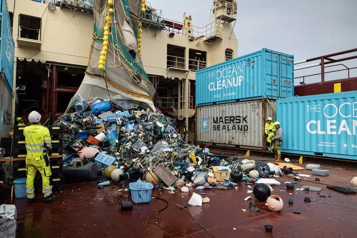 A half-mile plastic-trapping device in the Pacific caught 64,000 pounds of trash - including a fridge, mannequin, and toilet seats