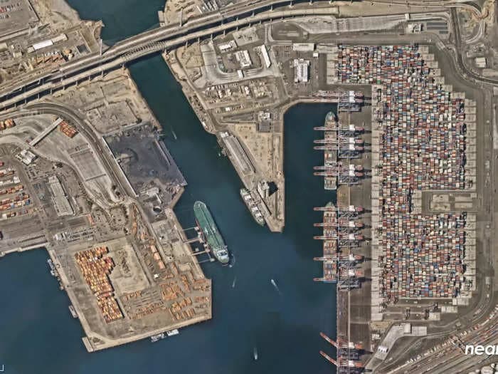 See a birds-eye view of the traffic jam in Southern California ports