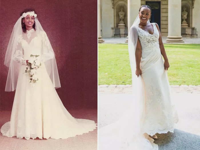 A bride turned her mom's wedding dress from 1985 into a modern gown with a sheer bodice and dramatic train