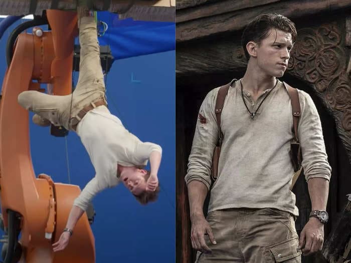 Tom Holland says he was actually terrified filming the stunt where he fell out of a cargo plane in his new movie 'Uncharted'