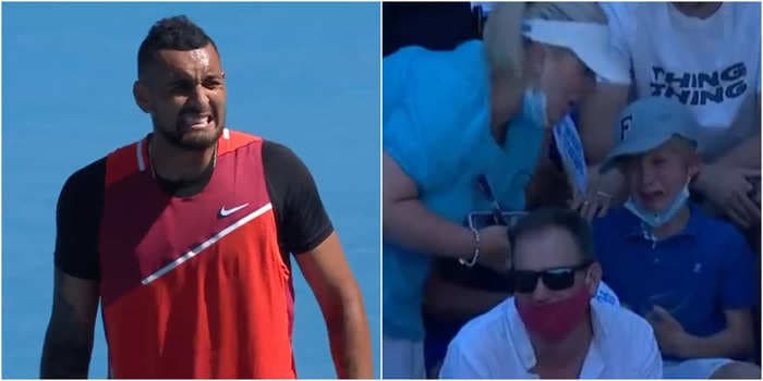 Australian Open fan favorite Nick Kyrgios made a young fan cry by smashing an errant ball into his stomach, then immediately gave him a racket to apologize