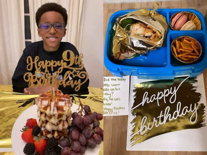 A 9-year-old wowed his classmates with a fancy birthday lunchbox his mom made with lobster, macaroons and gold sparkling water