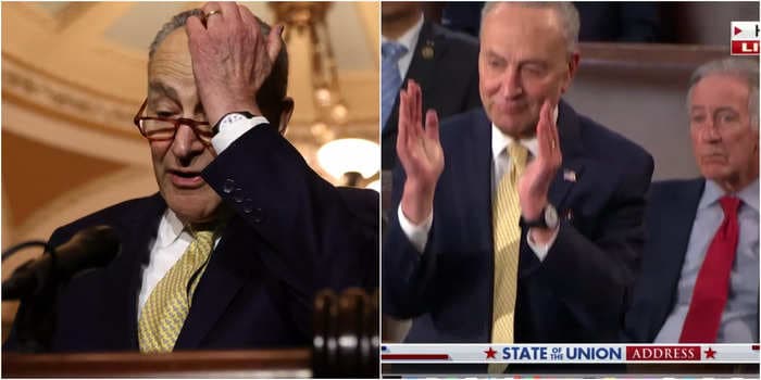 Sen. Chuck Schumer stands prematurely for an applause line at the State of the Union as the GOP boos Biden: video