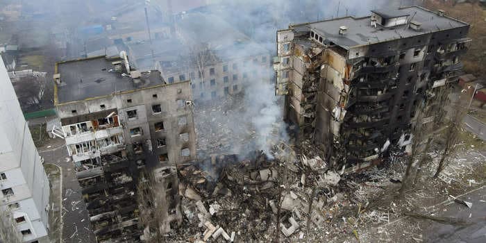 Drone footage shows the horrific aftermath of a Russian attack on a town north of Kyiv