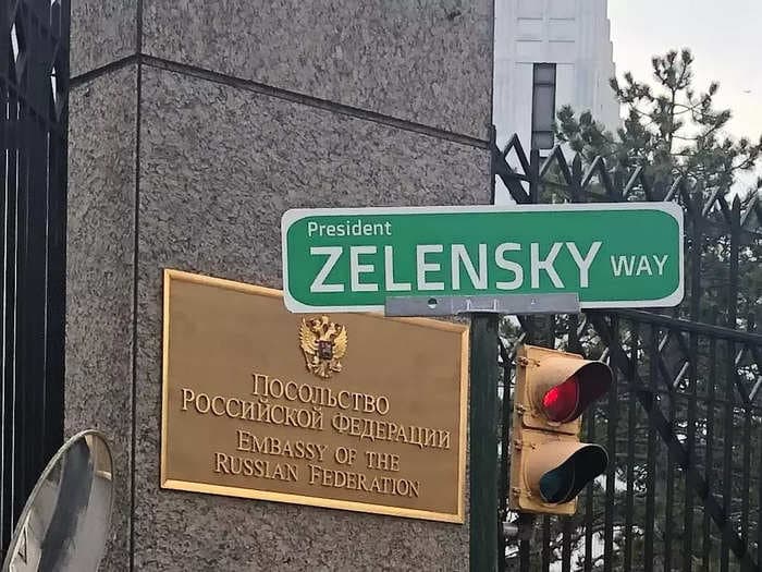 A new sign placed in front of the Russian embassy in DC dubs the road 'President Zelensky Way' in honor of Ukraine's leader