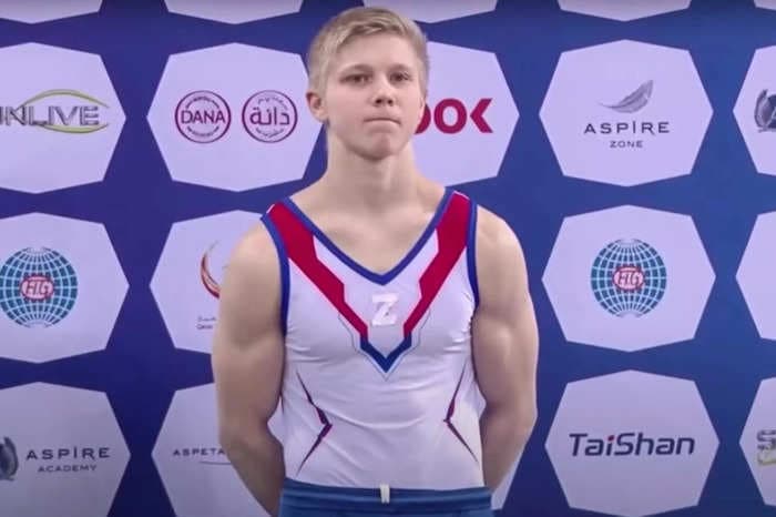 A Russian gymnast wore the mysterious pro-war 'Z' symbol as he stood on the podium alongside a Ukrainian athlete who beat him