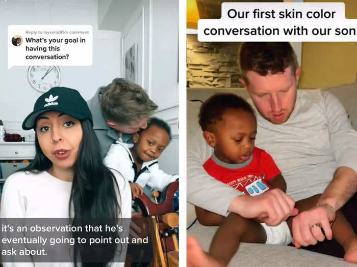 A white father went viral on TikTok for pointing out his adopted son's skin color, sparking debate about how interracial families should discuss race