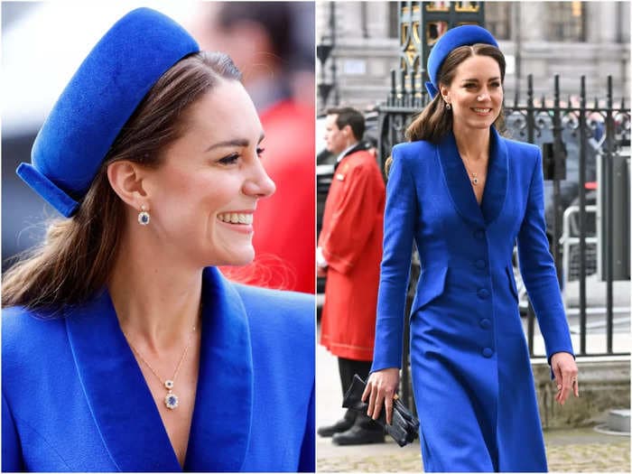 Kate Middleton appeared to show her support for Ukraine in a blue coatdress paired with Princess Diana's jewelry