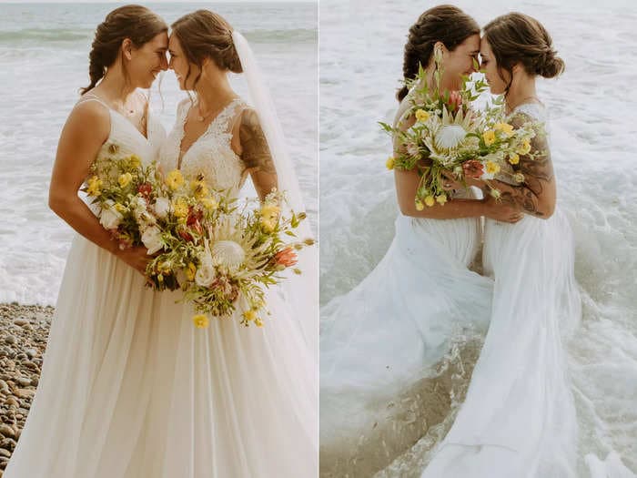 2 brides destroyed their wedding dresses by taking photos in the ocean to celebrate their elopement