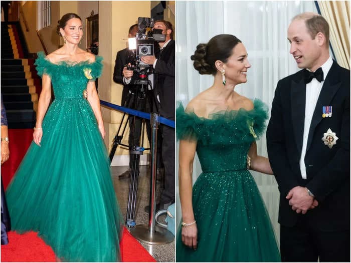 Kate Middleton paid tribute to Jamaica in a glittery green ball gown with a ruffled neckline