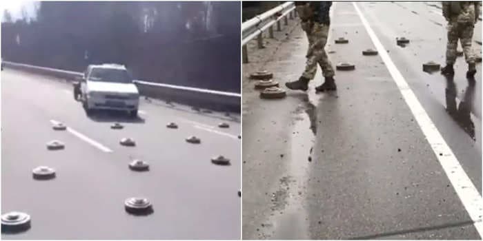 Video appears to show fearless Ukrainian drivers maneuvering their cars through a Russian anti-tank minefield