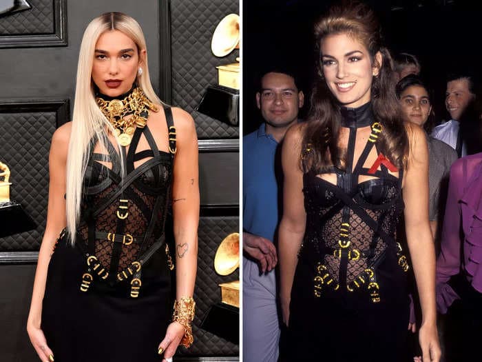 Dua Lipa attended the Grammys wearing the same Versace 'bondage' dress Cindy Crawford wore in 1992