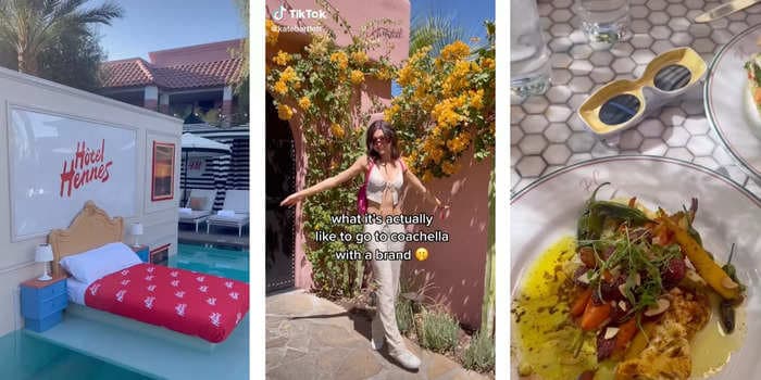 An influencer shared the behind-the-scenes glamor of a brand sponsored trip to Coachella, including a bed inside a pool and daily hair and make-up service