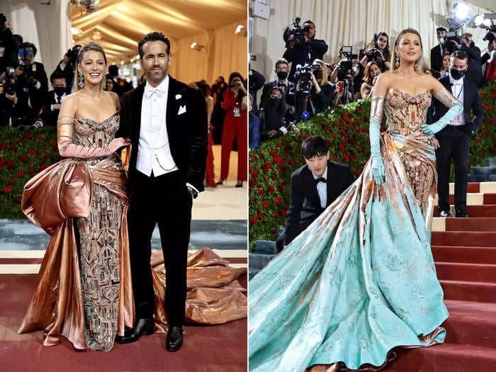 Video shows Ryan Reynolds admiring Blake Lively from the top of the Met steps as her dress transformed from bronze to green