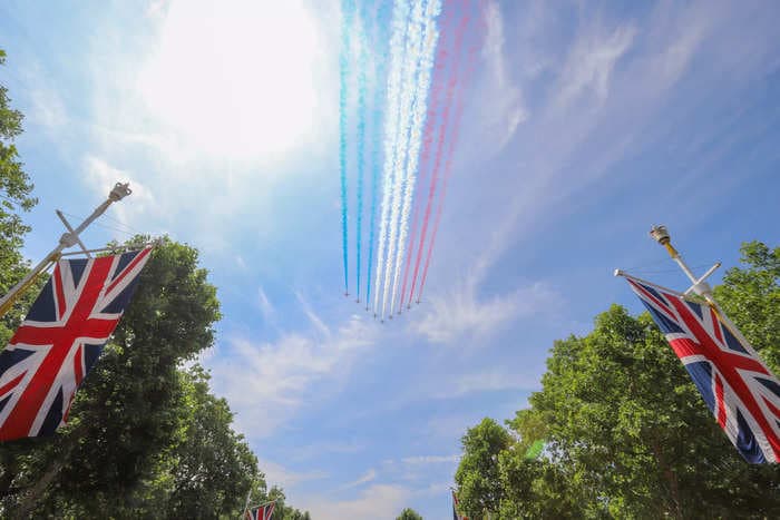 Dozens of aircraft including the Red Arrows flew over Buckingham Palace to mark the Queen's Platinum Jubilee