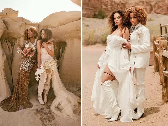 2 brides wore custom outfits to their desert elopement and had a wardrobe change for a photo shoot on horses