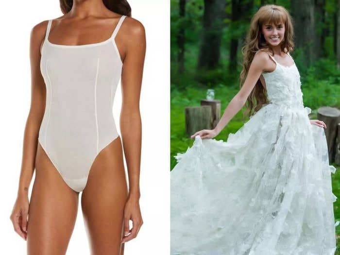 A bride re-created a $7,000 wedding dress using a $68 SKIMS bodysuit and sheer fabric