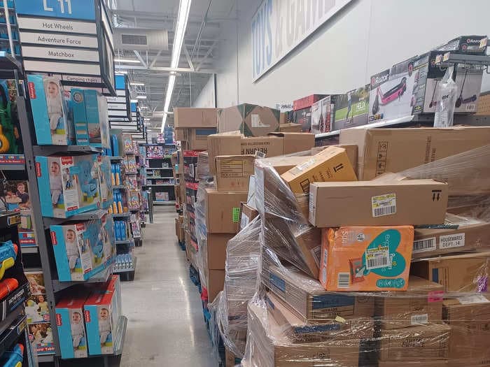 Photos from Walmart employees show pallets of overstocked items crowding aisles and blocking access to a breastfeeding room as back rooms overflow