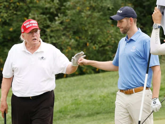 Eric Trump's golf bag strongly hints at father's plans to run for president again in 2024, photos shows