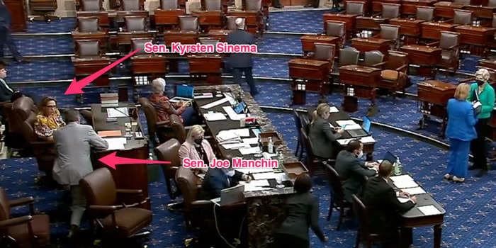 Joe Manchin spotted chatting up Kyrsten Sinema on the Senate floor as Dems' Inflation Reduction Act hangs in the balance