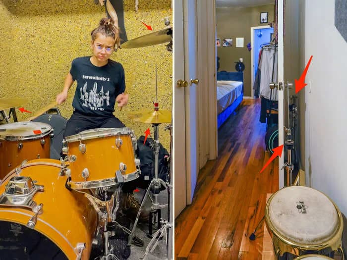 I'm a drummer living in a tiny New York City apartment. Here's how I fit 2 adults, 1 dog, and a drum kit in my 500-square-foot apartment.