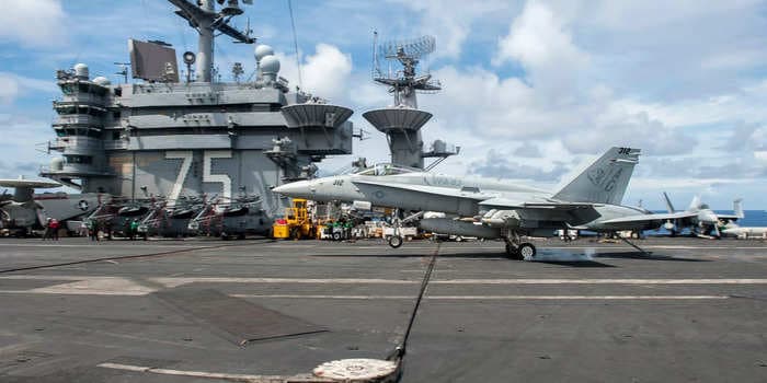The US Navy fished a sunken F/A-18 Super Hornet out of the sea after the fighter jet blew off an aircraft carrier in rough weather