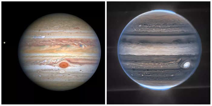 Side-by-side Jupiter images show James Webb's infrared prowess. It spots auroras, rings, and faint galaxies Hubble can't see clearly.