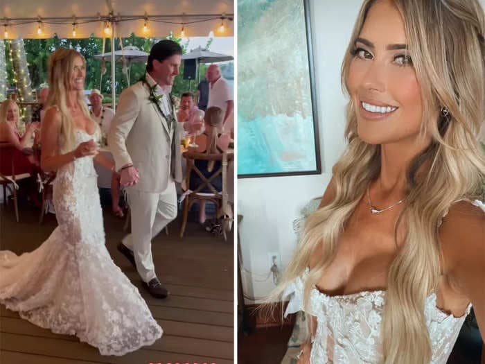 'Flip or Flop's' Christina Hall wore a sheer, form-fitting dress covered in flowers to marry Josh Hall