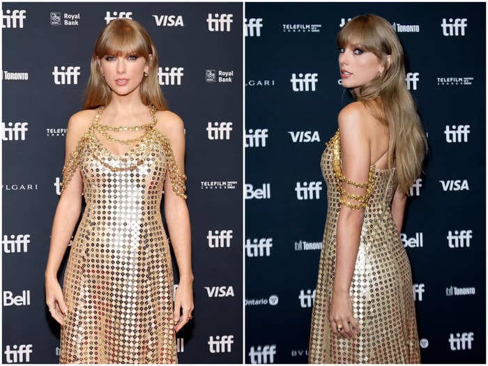 Taylor Swift dazzled in a gold sequin gown with layers of chains on the Toronto Film Festival red carpet