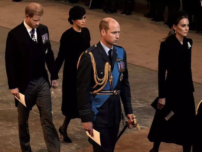 Social media users slammed Prince Harry and Meghan Markle for holding hands while leaving a service for Queen Elizabeth – but ignored other royals who did the same thing