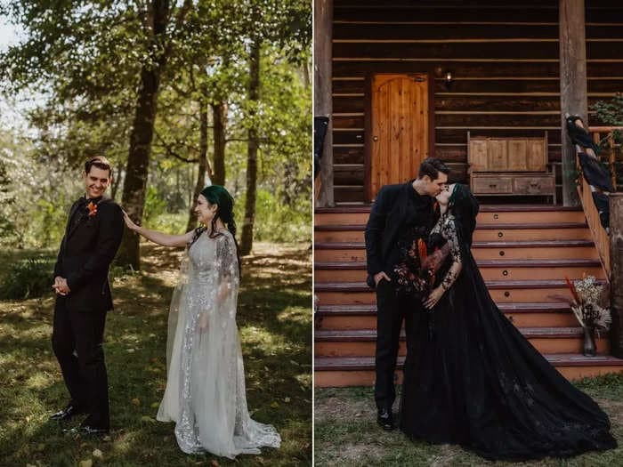 A bride brought her husband to tears at the altar by wearing a black Morticia Addams-style wedding dress after using a decoy for their first look