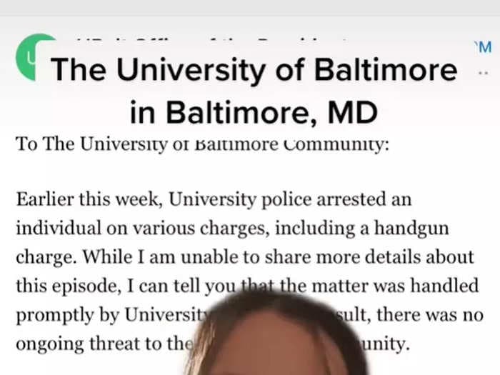 A University of Baltimore student warned people on TikTok that a peer was bringing a gun to school and had 'stalked, threatened, and assaulted' her — saying the university is 'pushing it under the rug'