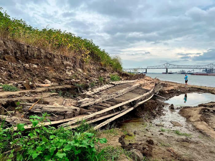 A 19th-century shipwreck and human remains were uncovered as the Mississippi River recedes