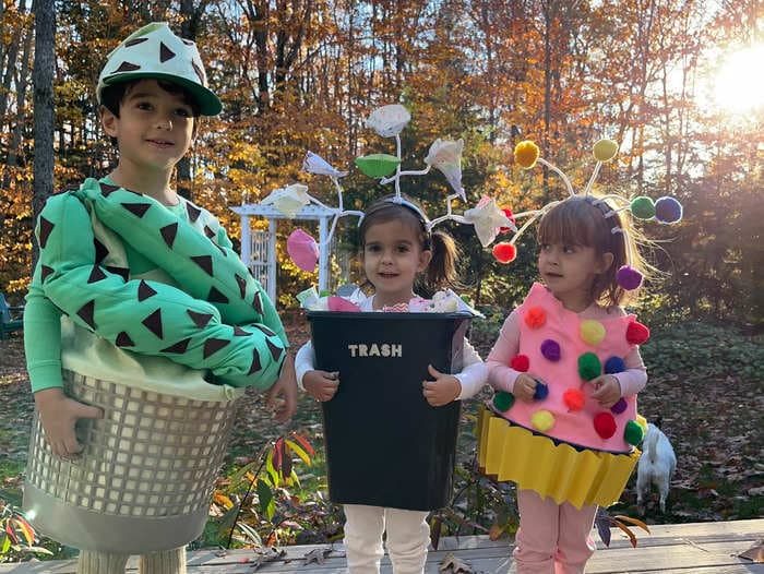 My 3 kids asked to be mint chocolate chip ice cream, a cupcake, and a trash can for Halloween. Here's how we made their costumes.