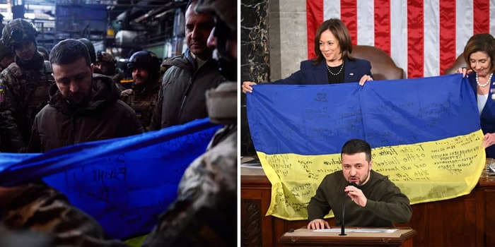 Photos show Ukrainians on the front line signing the flag Zelenskyy gave to Congress the next day