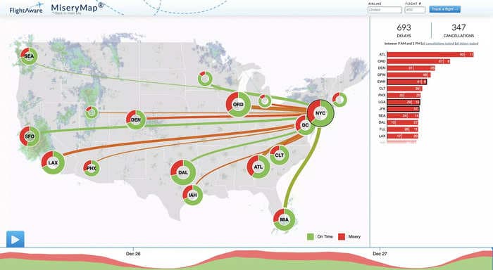 This map shows which airports in the US are the worst to fly out of right now