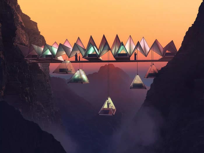 A luxury campground concept could leave guests floating between 2 mountains over 330 feet above ground — see how